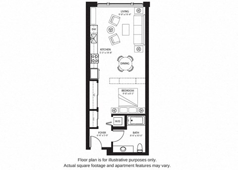 Floor plan for studio, 1 bath, 649 sqft